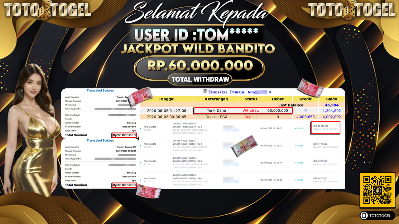 Bukti Pembayaran Jackpot Permainan Slot Wild Bandito ID:TOM*****LUNAS