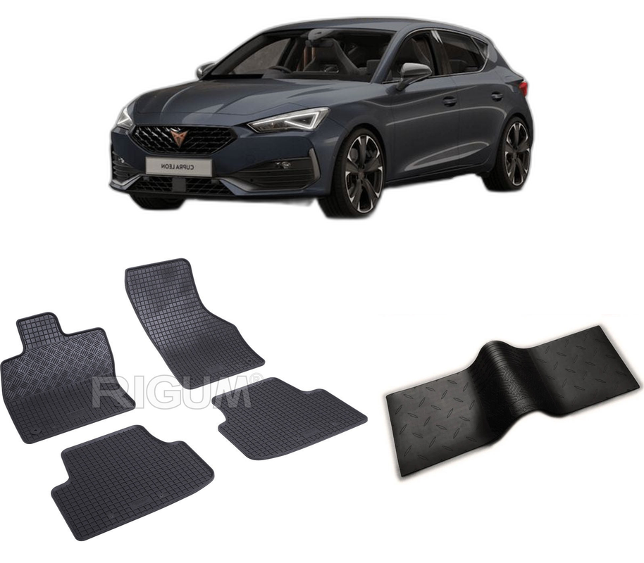 Set covorase auto CUPRA LEON din 10.2020-PREZENT, cu covoras tunel median, CAROSERIE HATCHBACK, Presuri cauciuc 100%, compatibil cu autoturismul CUPRA LEON, Rigum