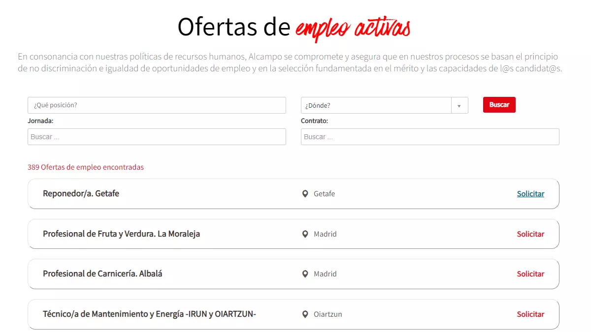 Portal de empleo Alcampo (las vacantes que se muestran pueden no estar ya disponibles).