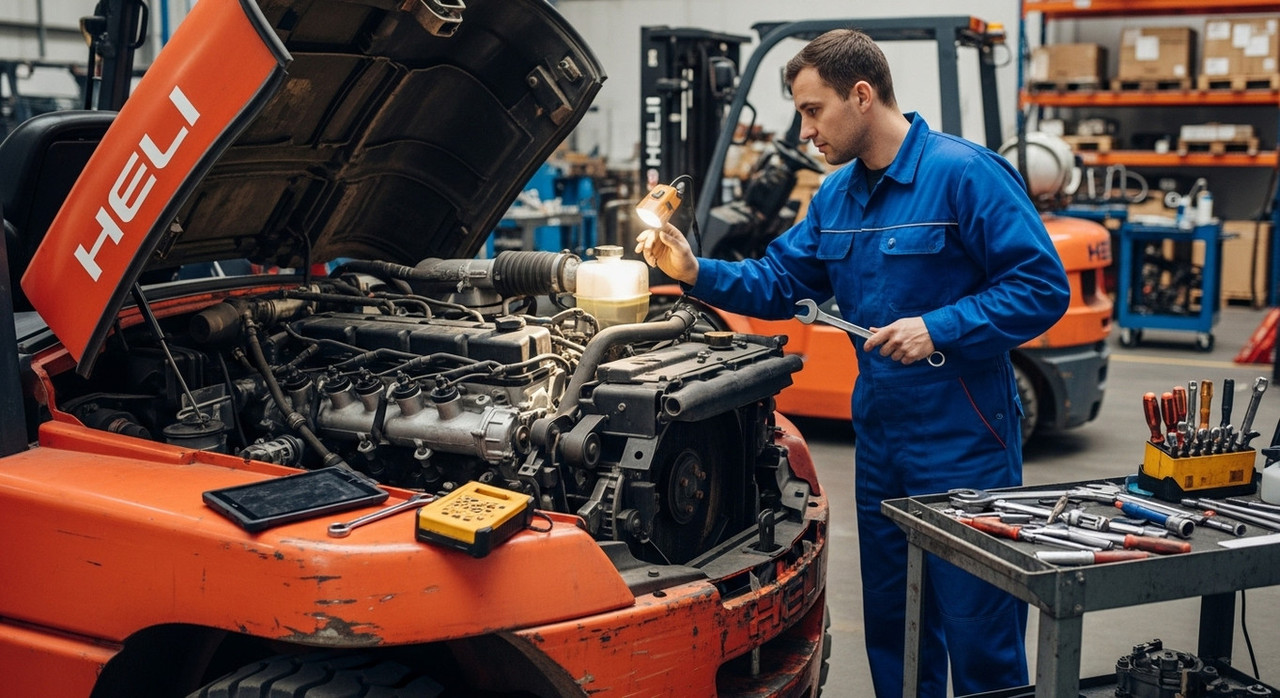 Диагностика дизельного двигателя погрузчика Heli механиком в сервисной зоне, оценка ресурса перед капитальным ремонтом