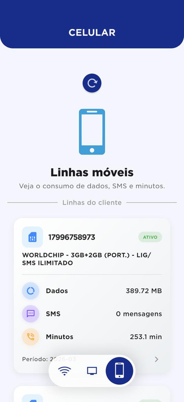 Tela de informações e consumo do chip