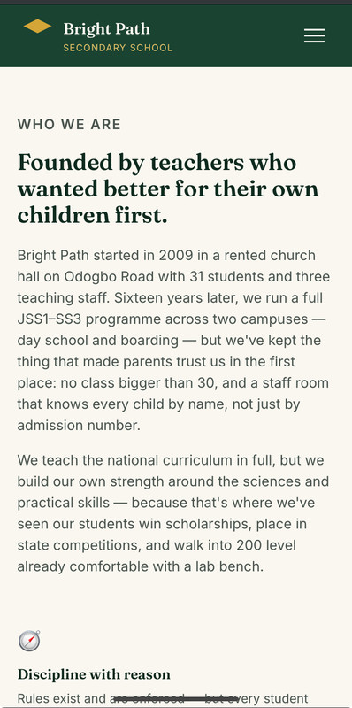 Bright Path School responsive website portal showing academic admissions and modern curriculum structure