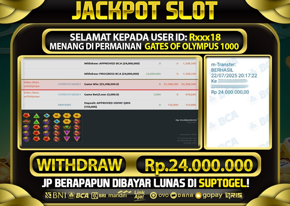 BUKTI KEMENANGAN 22 JULY 2025 MENANG DI PERMAINAN GATES OF OLYMPUS 1000 TOTAL WD 24 JUTA