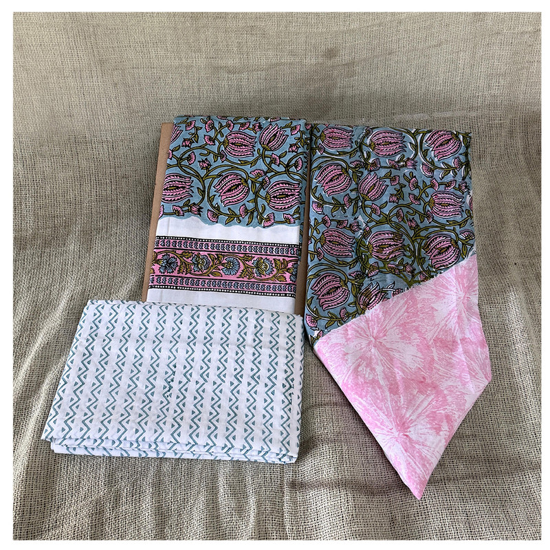 Hand Block Printed Pink and Blue Cotton Dress Material with Blooming Flowers and Dupatta