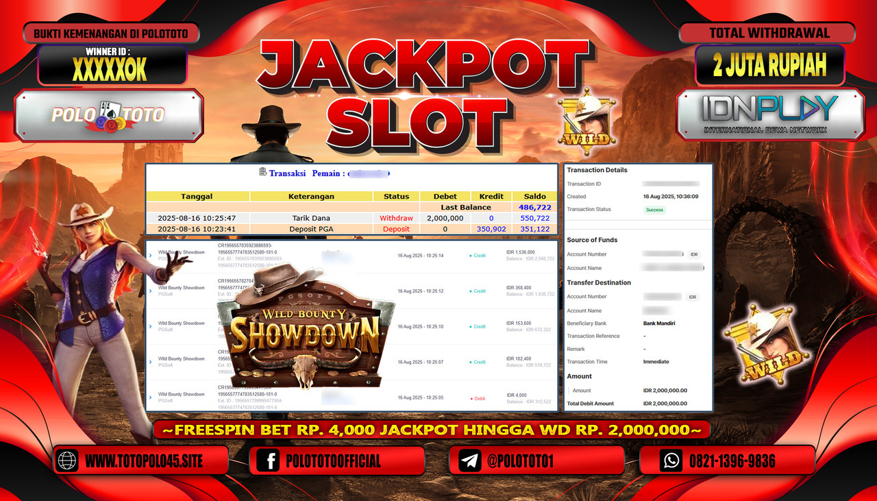 POLOTOTO JACKPOT SLOT WILD BOUNTY SHOWDOWN Rp.2.000.000,- LUNAS