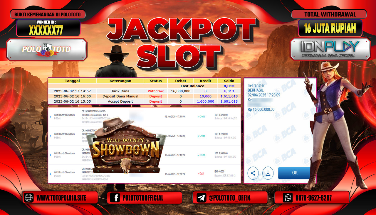 POLOTOTO JACKPOT SLOT WILD BOUNTY SHOWDOWN Rp.16.000.000,-