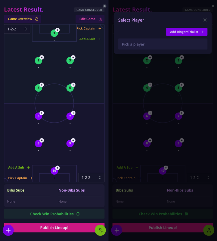 Getting the lineups right in SquadStats UI — dark theme