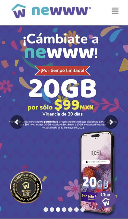 Newww da 20 Gb por $100 al hacer portabilidad 
