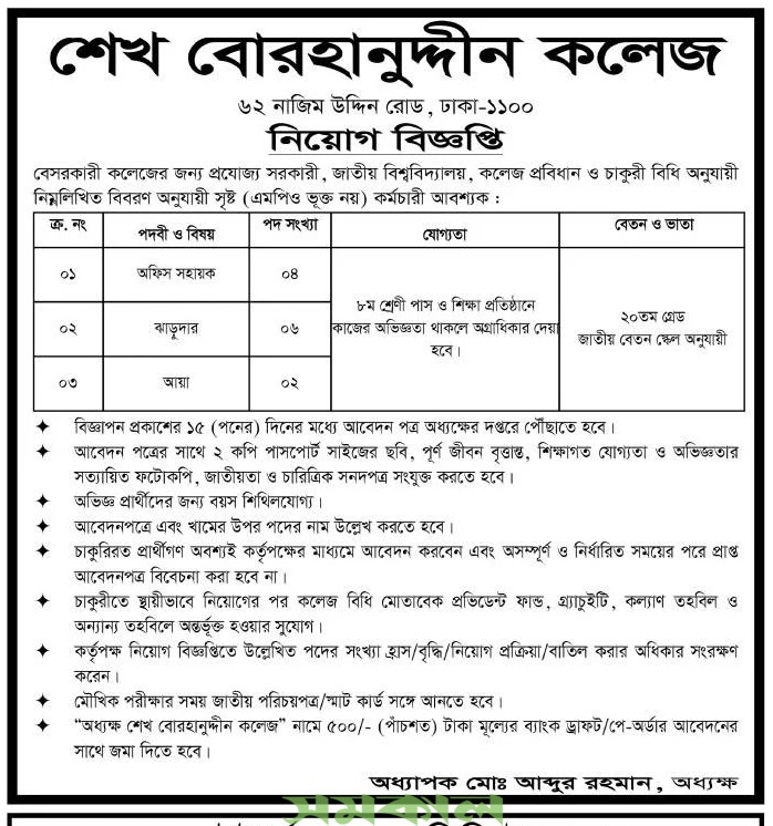 Sheikh Borhan-Uddin College Job Circular 2022