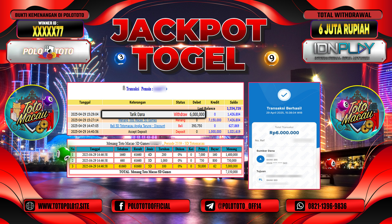 POLOTOTO JACKPOT TOGEL TOTOMACAU 5D Rp.6.000.000,-