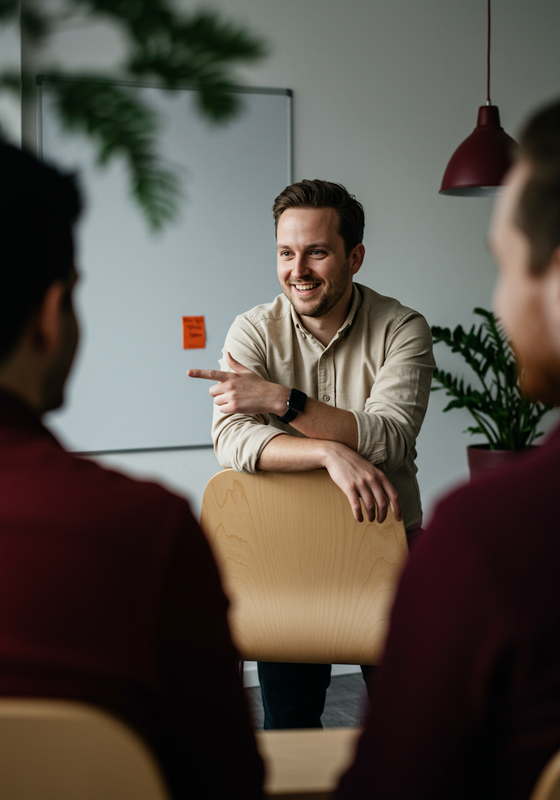 Leende person som leder ett samtal i ett modernt mötesrum, riktad mot två kollegor som lyssnar.