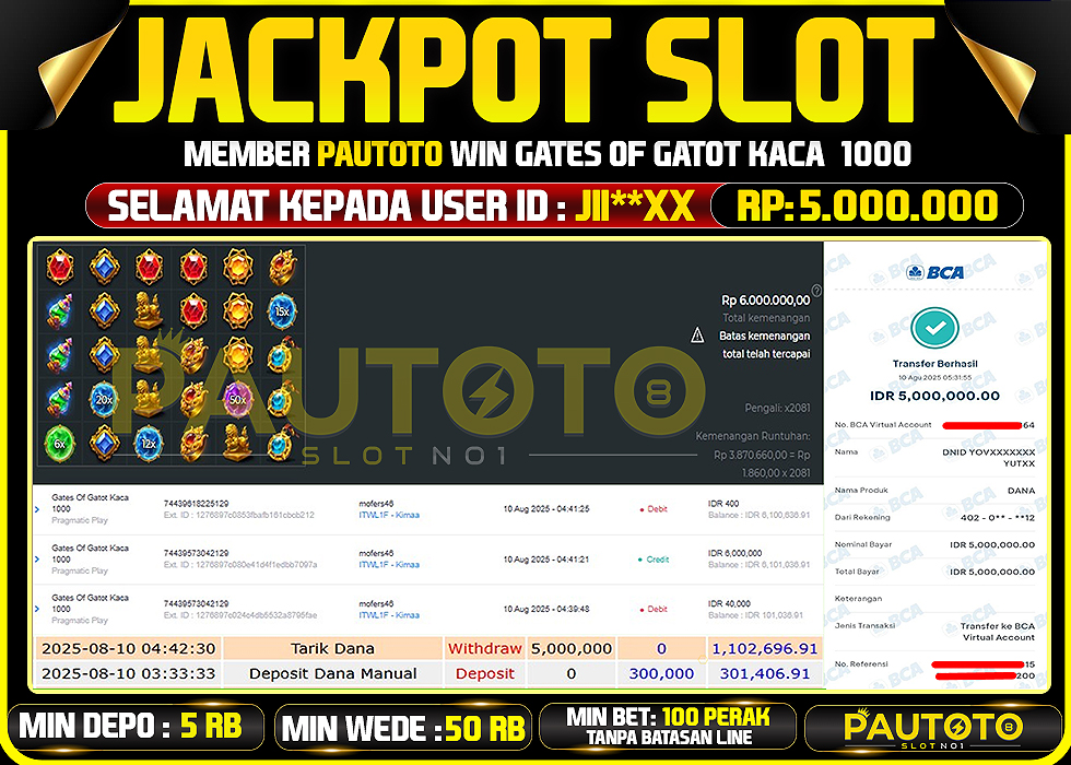 BUKTI PEMBAYARAN TGL 9 AGUSTUS 2025 MENANG DI PERMAINAN GATOT KACA TOTAL WD 5 JUTA