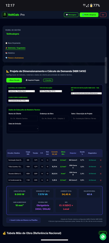 Projeto de Dimensionamento e Cálculos de Demanda NBR5410