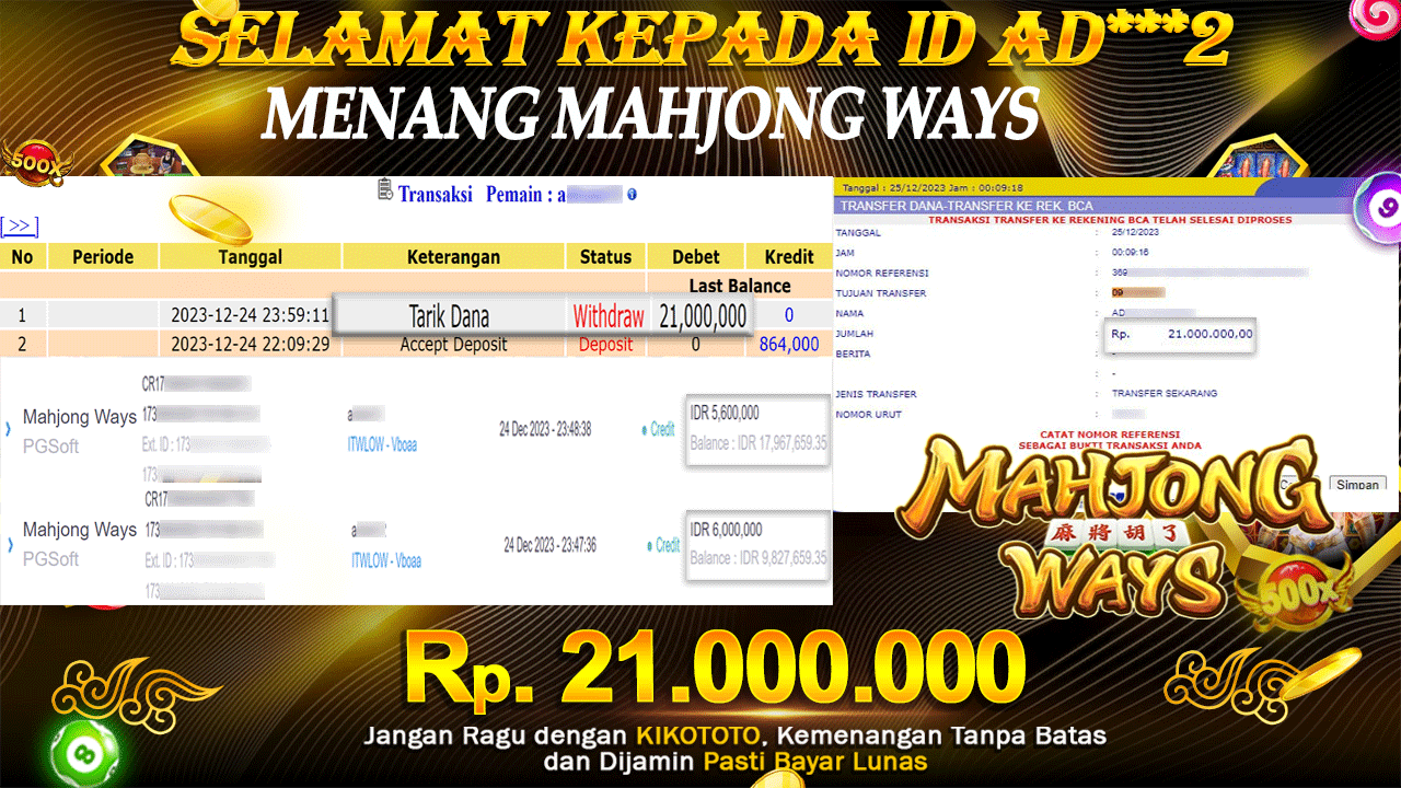 MENANG BESAR DI SLOT ONLINE MAHJONG WAYS SEBESAR Rp 21,000,000 LANGSUNG DAN TANPA BASA BASI DI BAYAR KIKOTOTO !!!
