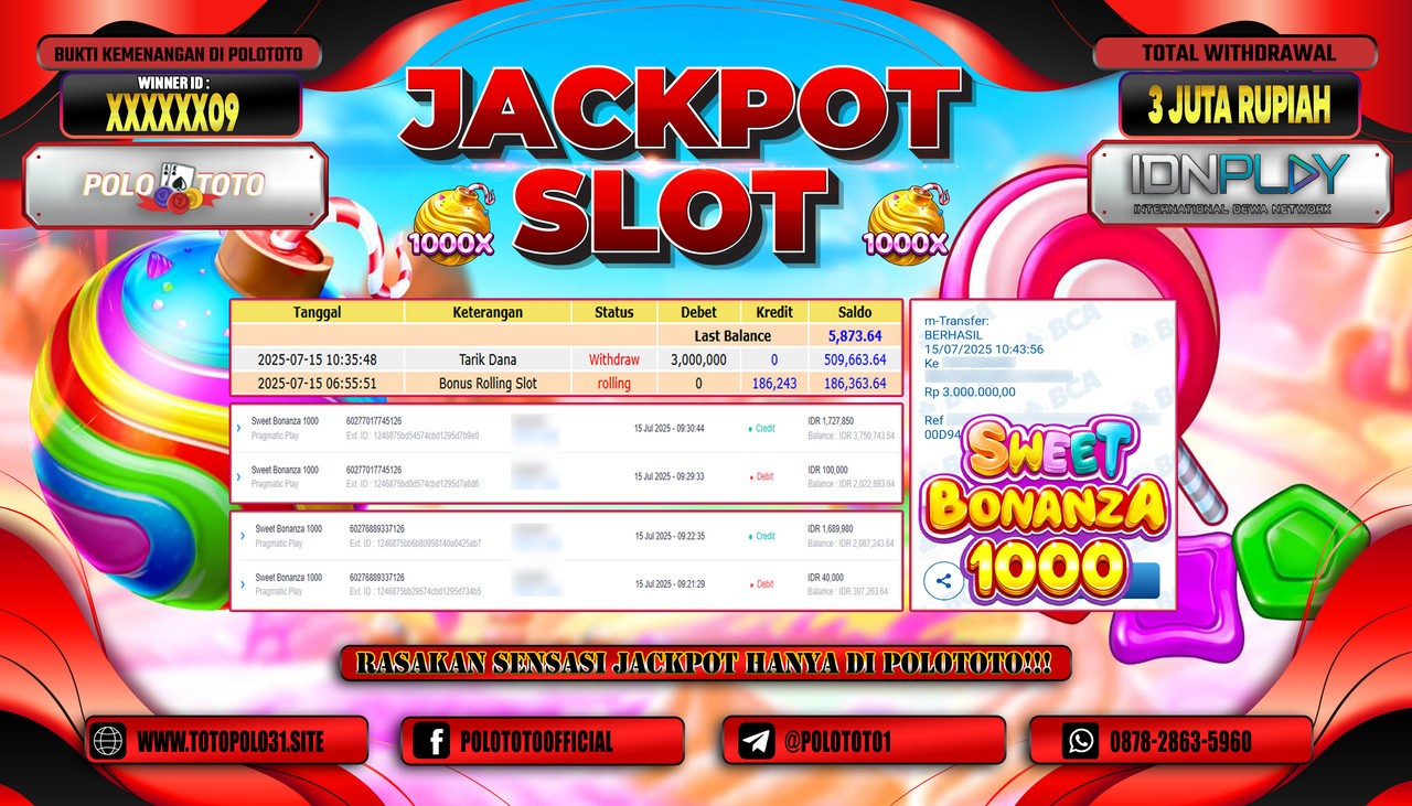 POLOTOTO JACKPOT SLOT SWEET BONANZA 1000 Rp.3.000.000,- LUNAS