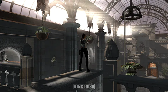 Lara tomando un pequeño descanso en la piscina de su mansión. Lara Croft encima de un trampolín que apunta a la piscina en una de sus mansiones de Abingdon en Inglaterra