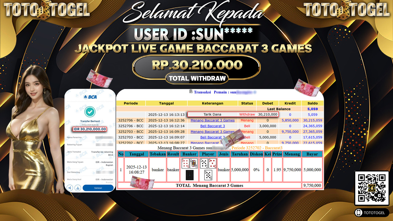 Bukti Pembayaran Jackpot Permainan Live Game Baccarat 3 Gamas ID:SUN***** LUNAS