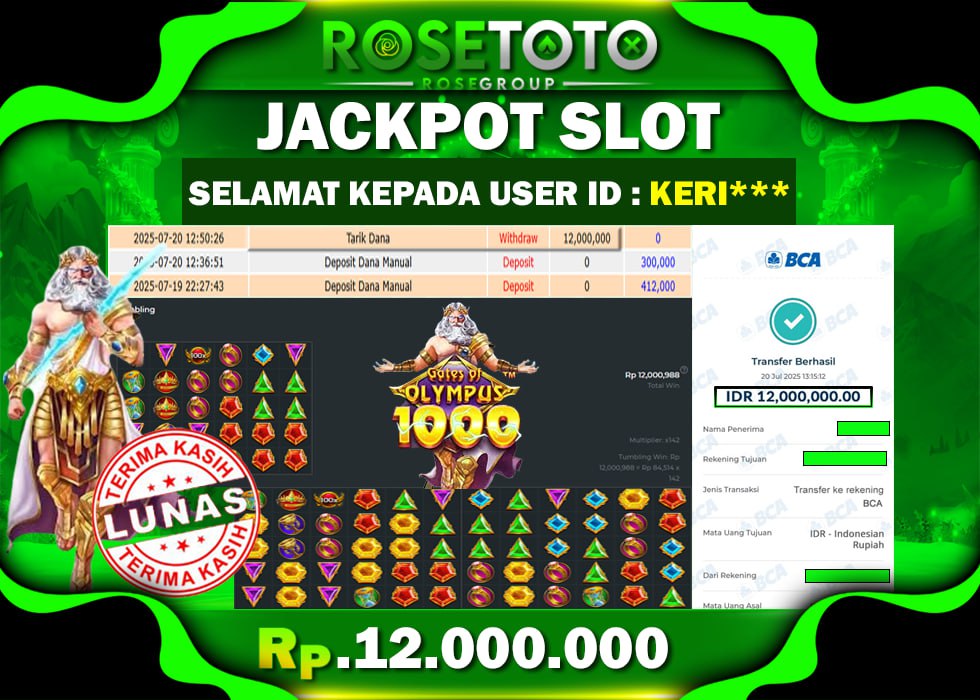 ROSETOTO JACKPOT SLOT Gates Of Olympus 1000 Rp.12.000.000.,- LUNAS