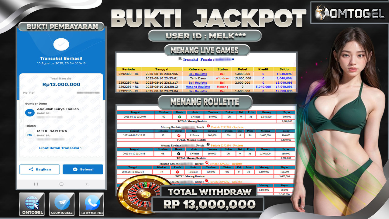 OMTOGEL JACKPOT LIVE GAMES ROULETTE 13 JUTA DI BAYAR LUNAS ,-