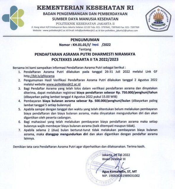 Pengumuman Asrama Putri 2022