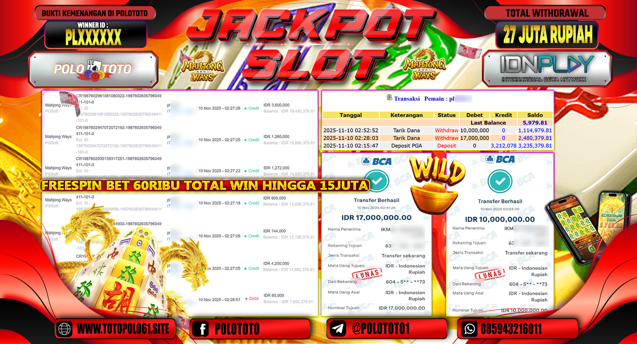 POLOTOTO JACKPOT SLOT MAHJONG WAYS Rp.27.000.000,- LUNAS