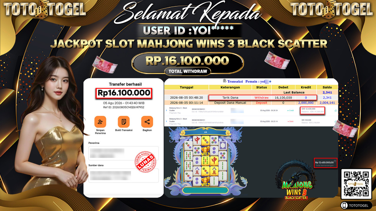 Bukti Pembayaran Jackpot SLOT MAHJONG WINS 3 BLACK SCATTER ID:YOI**** LUNAS