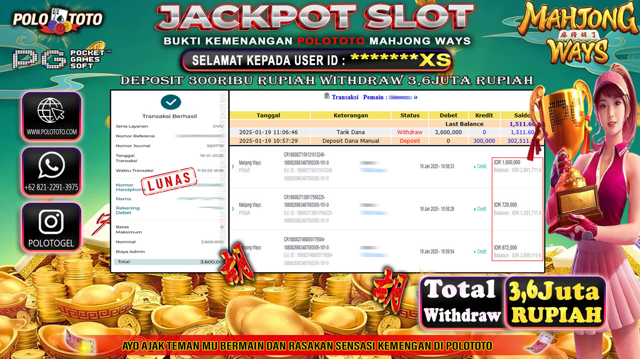 POLOTOTO JACKPOT SLOT MAHJONG WAYS Rp.3,600.000,-