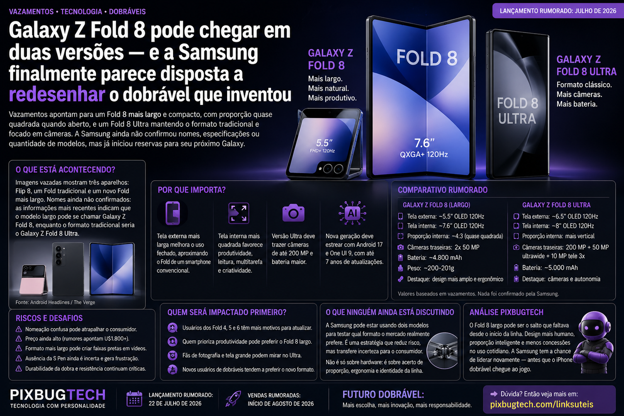 Galaxy Z Fold 8 pode chegar em duas versões e a Samsung finalmente parece disposta a redesenhar o dobrável que inventou