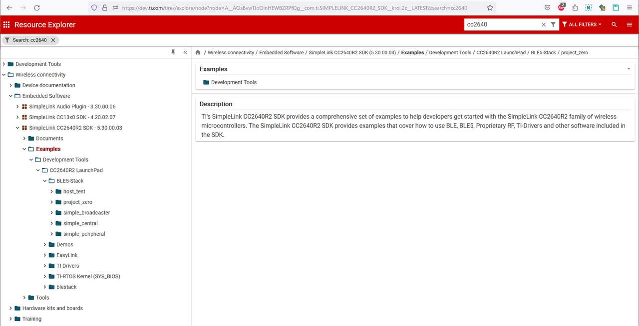 Examples of CC2640 in Resource Explorer