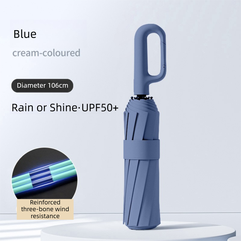 Blue Heavy Duty Fully Automatic Carabiner Umbrella with Integrated Hook Handle (Diameter 106CM) - Ultra Windproof and UV Protective Sun & Rain Umbrella