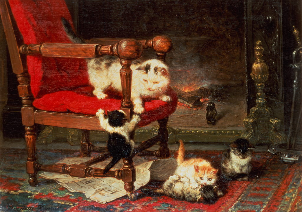 Henriette-Ronner-Knip-Playing-with-the-Warmth-of-the-Fire-oil-on-canvas-Meister-Drucke-1317005
