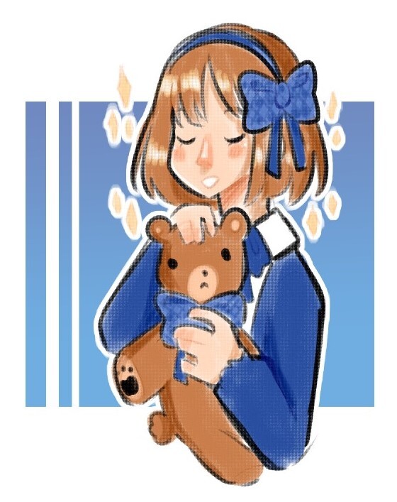 Personnage du nom d'Émily tenant une peluche.