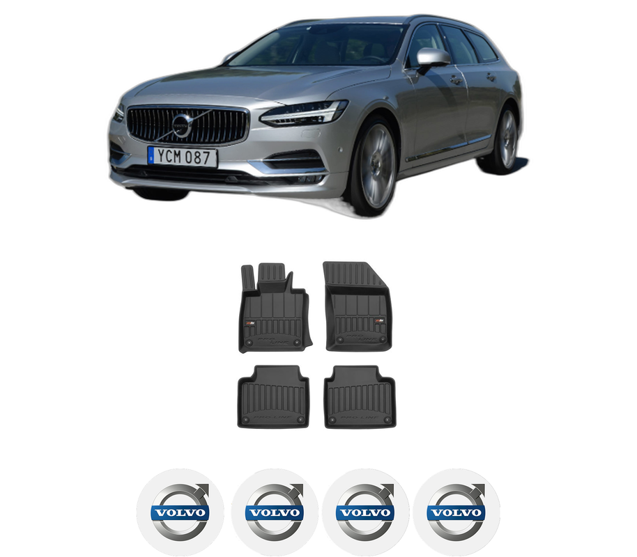 Set covorase presuri VOLVO V90 II Estate (235) din 2016-2023, auto, din cauciuc thermoplastic, 4 Stickere auto cu VOLVO