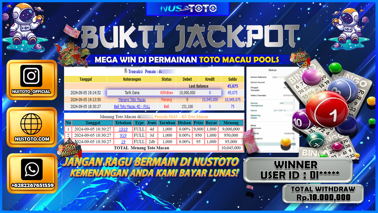 JACKPOT !! MENANG BESAR DI TOGEL TOTO MACAU POOLS SENILAI Rp. 10.000.000 LANGSUNG DI BAYAR LUNAS NUSTOTO !!
