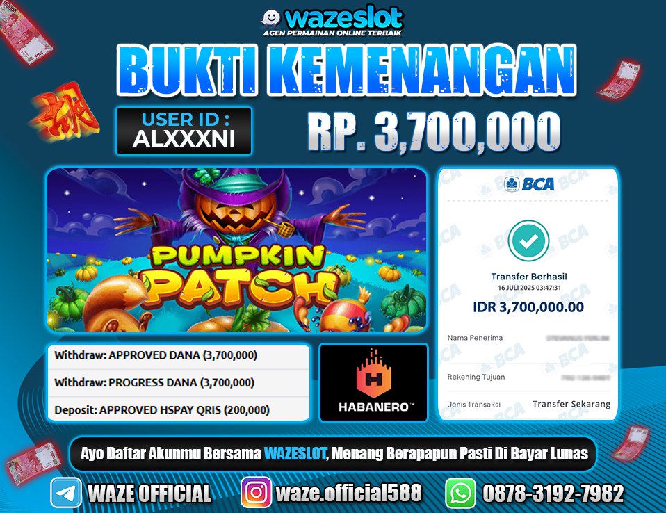 BUKTI KEMENANGAN 16 JULI 2025 DI GAME PUMPKIN PATCH ( HABANERO )