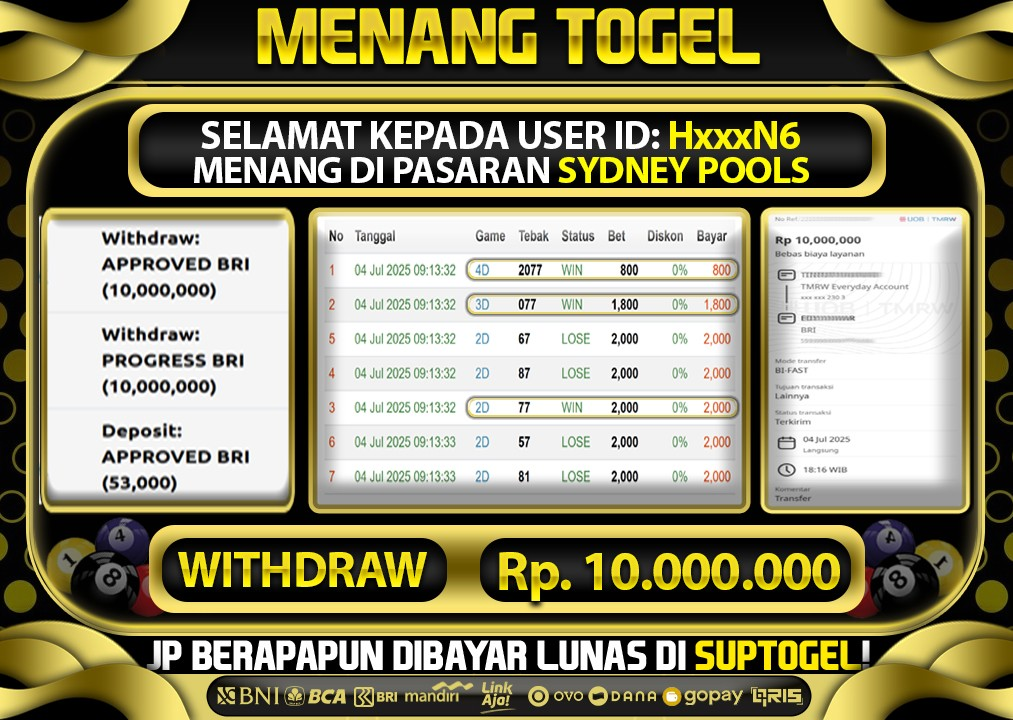  BUKTI KEMENANGAN 4 JULY 2025 MENANG DI PASARAN SYDNEY POOLS TOTAL WD 10 JUTA