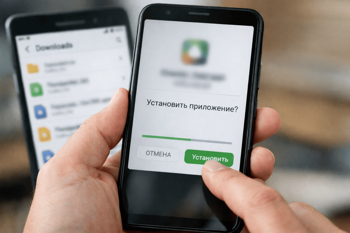 Установка APK через файловый менеджер на экране смартфона