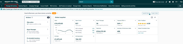 Amazon Seller Central home page with Manage All Inventory highlighted in the main navigation menu