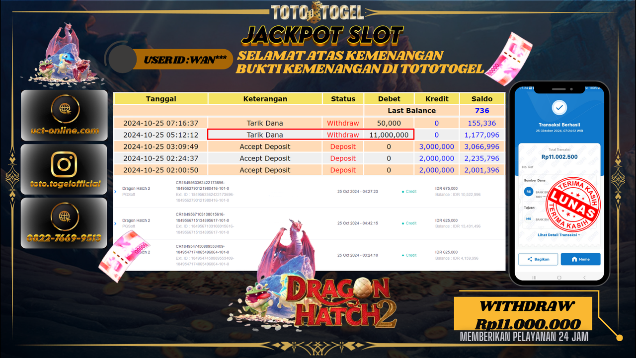Bukti Pembayaran Permainan Jackpot Slot Dragon Hatch 2 ID : WAN*** LUNAS