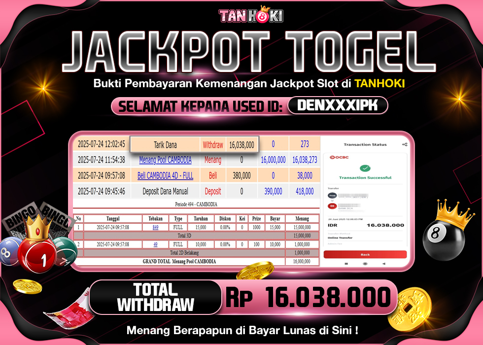 TANHOKI JACKPOT TOGEL CAMBODIA   Rp.16.038.000,- LUNAS