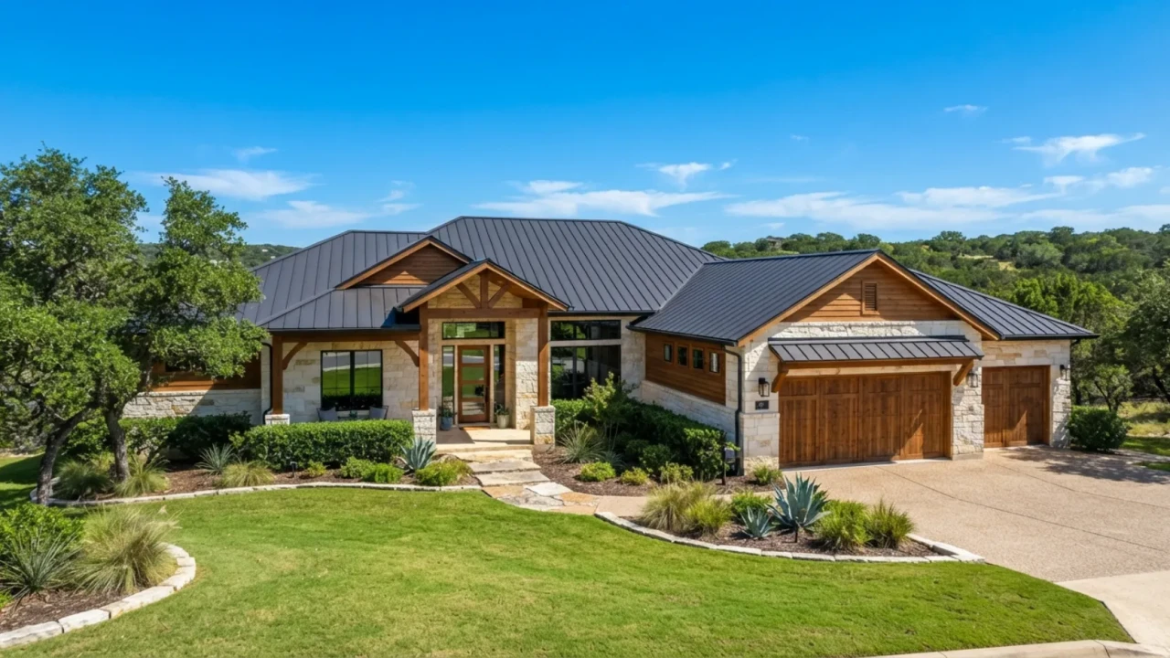 Aluminum standing seam metal roof panels installed on residential home in Texas