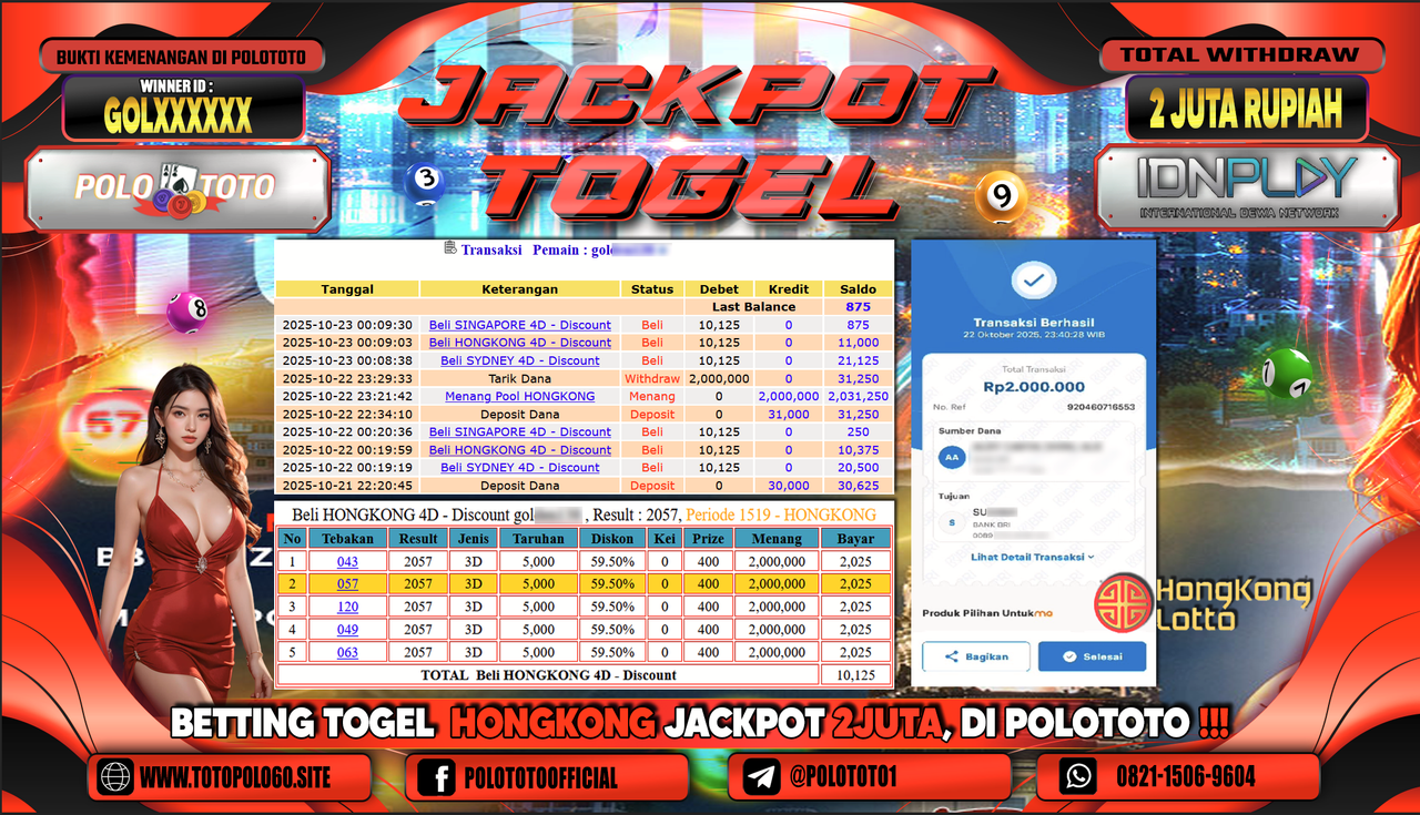 POLOTOTO JACKPOT TOGEL MENANG HONGKONG LOTTO Rp.2.000.000,- LUNAS