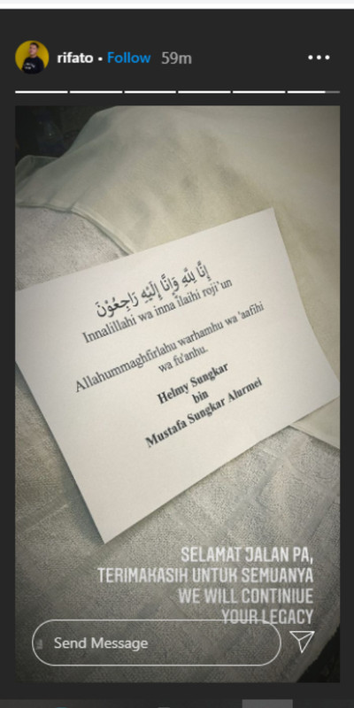 Helmy Sungkar, yang merupakan ayah dari pembalap Rifat Sungkar, sekaligus mertua dari artis peran Sissy Prescilla meninggal dunia pada Selasa (14/11/2020) pagi.