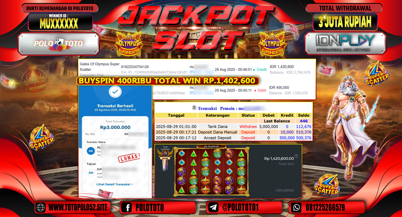 POLOTOTO JACKPOT SLOT GATES OF OLYMPUS SUPER SCATTER Rp.3.000.000,-