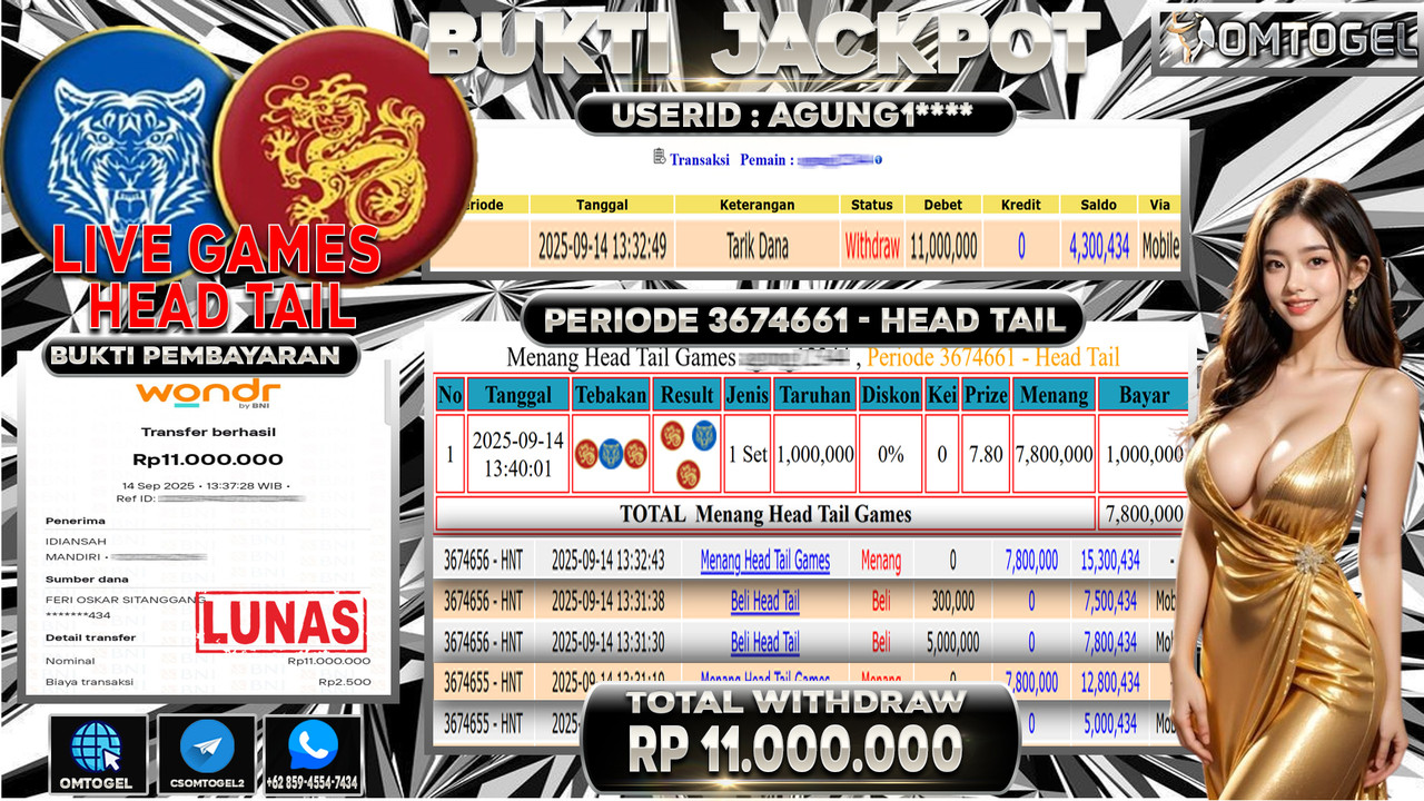 OMTOGEL JACKPOT LIVE GAMES HEAD TAIL 11 JUTA DI BAYAR LUNAS ,-