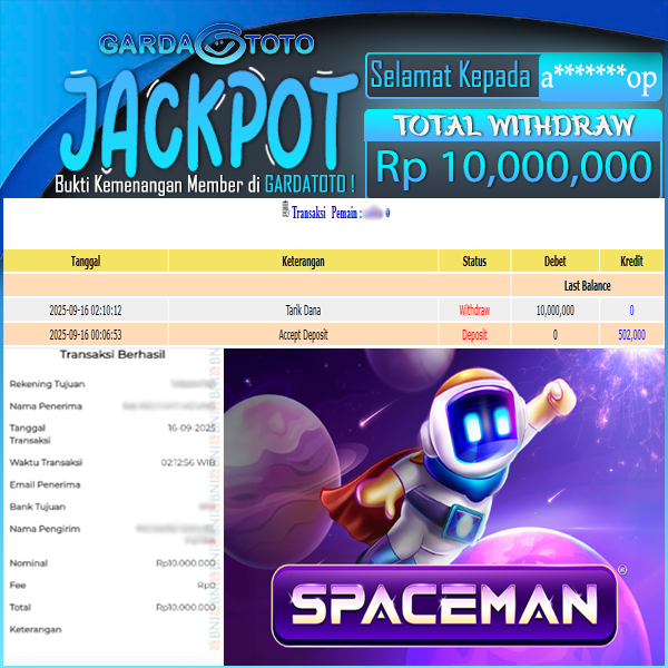 JACKPOT DI PERMAINAN SLOT SPACEMAN WD Rp10.000.000,- DIBAYAR LUNAS GARDATOTO MANTAP!