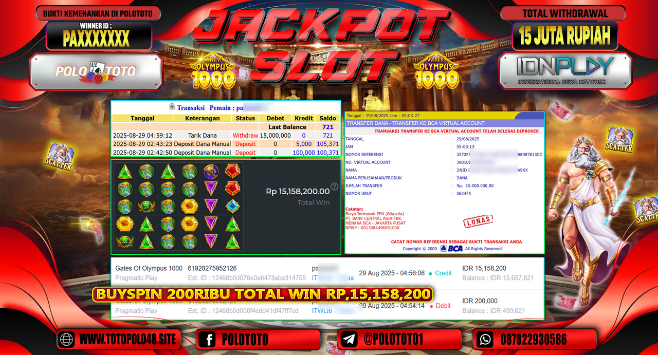 POLOTOTO JACKPOT SLOT GATES OF OLYMPUS 1000 Rp.15.000.000,-