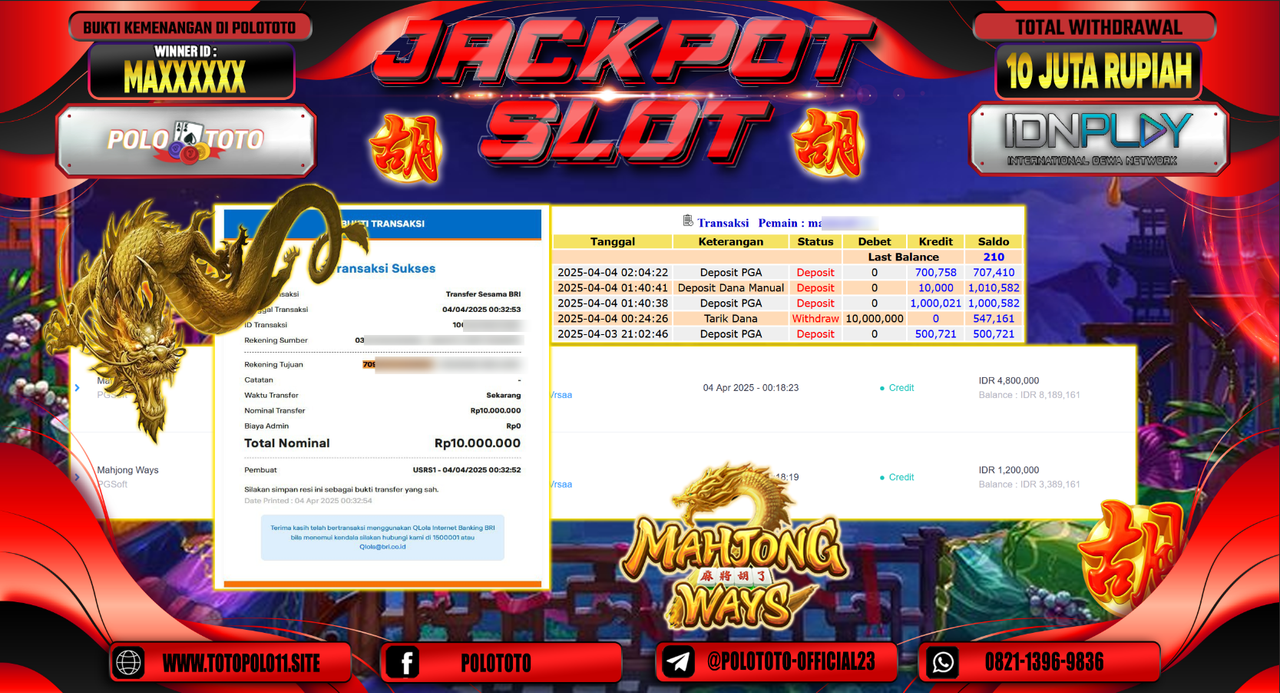 POLOTOTO JACKPOT SLOT MAHJONG WAYS  Rp.10.000.000,- LUNAS