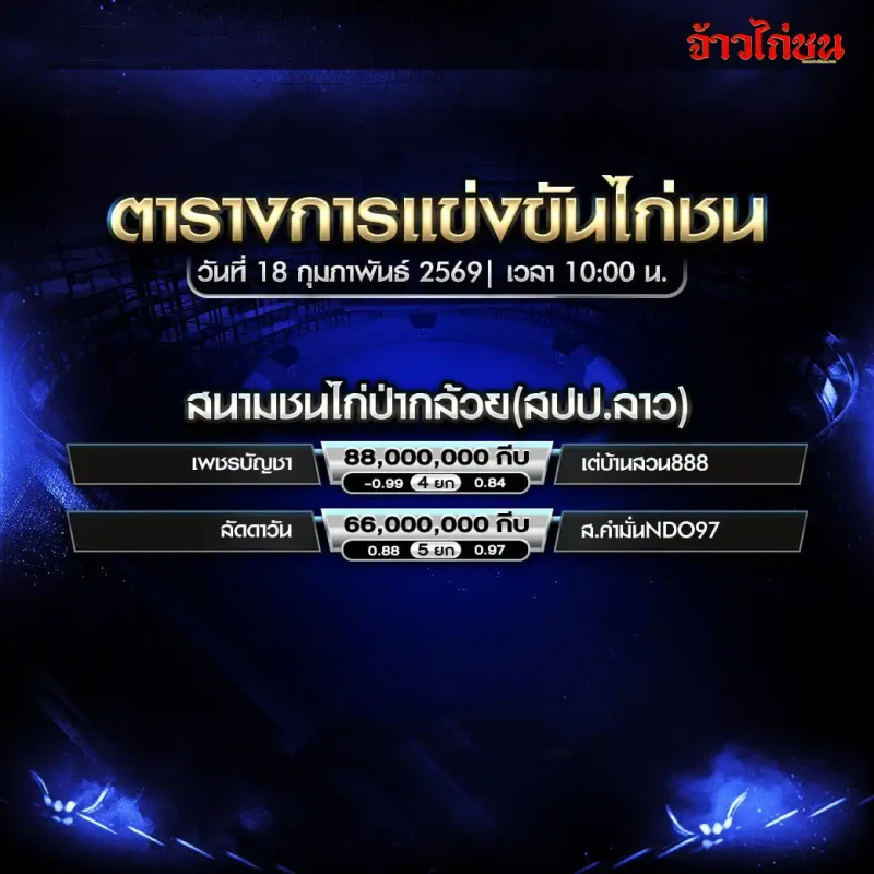 โปรแกรมไก่ชน สนามชนไก่ปากถ้วย วันที่ 18 กุมภาพันธ์ 2569 เวลา 10:00 น.