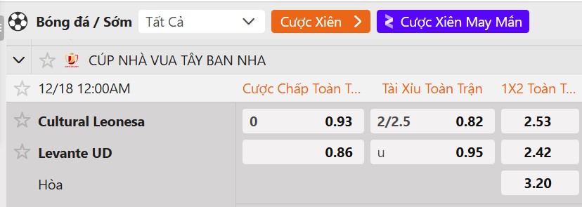 Tỷ lệ kèo Cultural Leonesa vs Levante